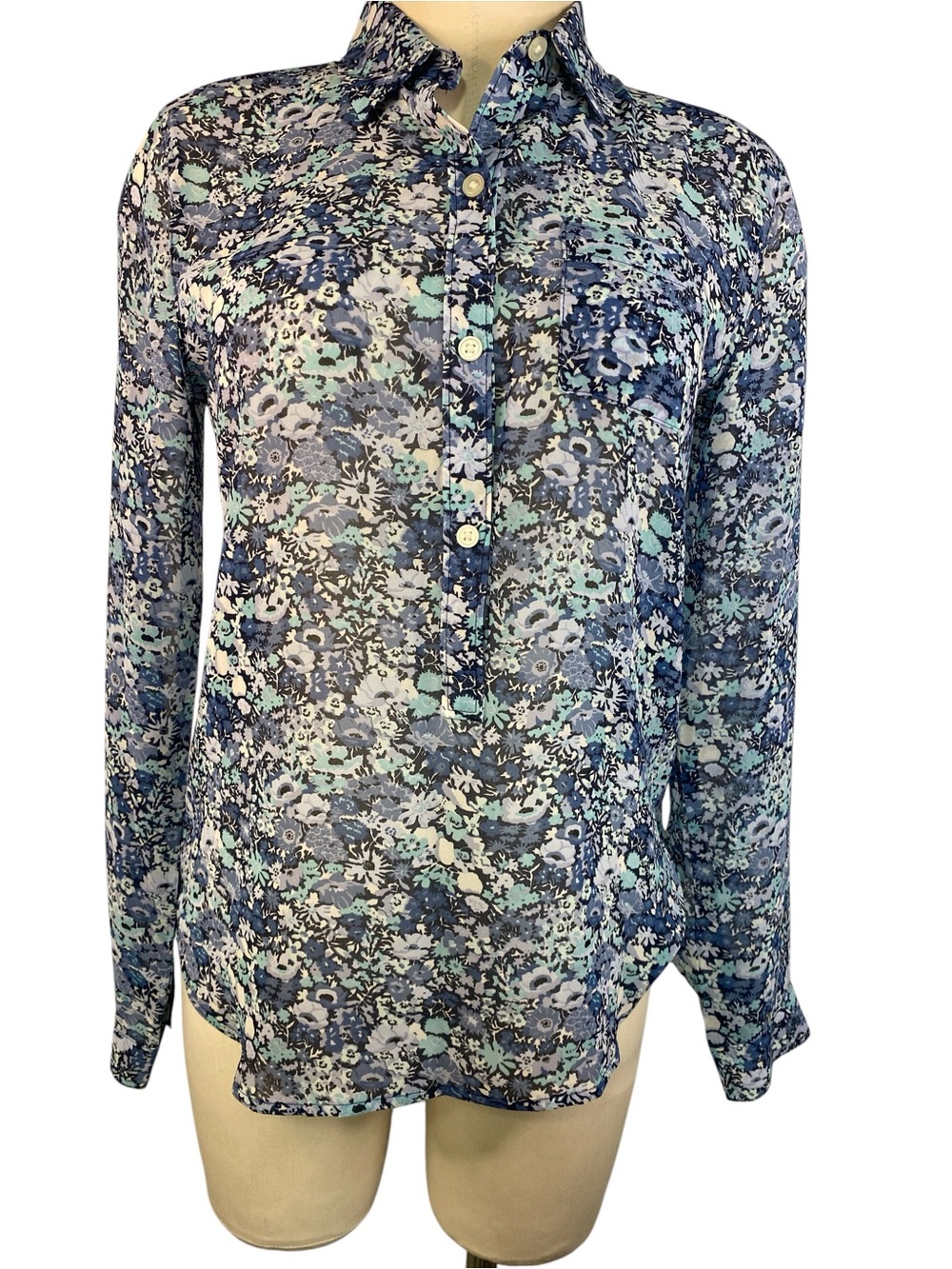 Loft Blue Floral Sheer Button-Down Long Sleeve Shirt Women’s Small
